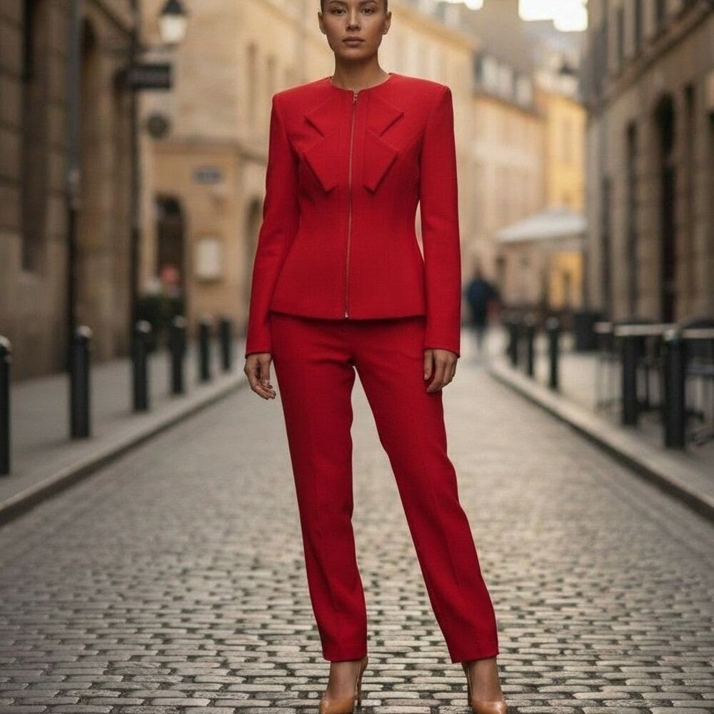 Escada Red Pant Suit Sz 42FR Jacket Sz 44FR Pants Lapel Zip Up Vintage Wool